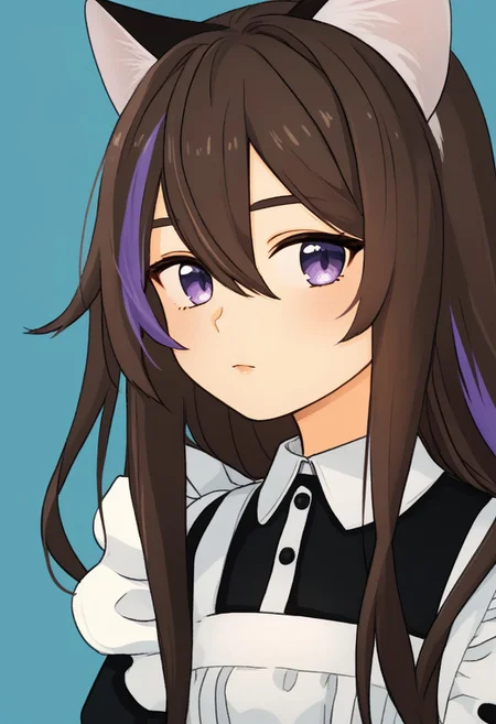 score_5_up, 1girl, solo, purple eyes, brown hair, long hair, hair between eyes, multicolored hair, two-tone hair, purple highlights, maid, black and white maid dress, animal ear, cat ears, upper body, portrait, looking at viewer, blue background