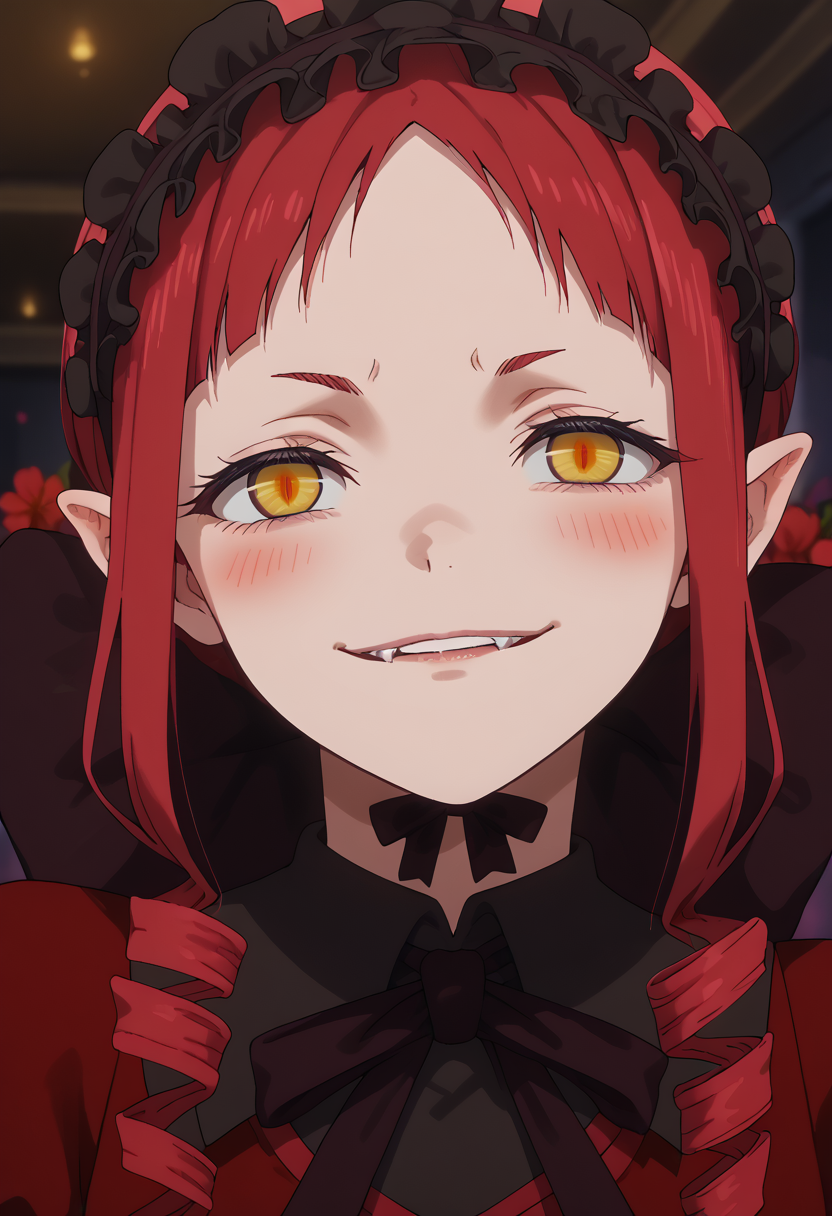<lora:Rafflesia>,rafflesia,score_9,score_8_up,score_7_up,highres,high res image,An oil-painting of a close-up portrait of a woman,ethereal expression,slit pupils,1girl,solo,bright colors,detailed face,detailed eyes,closeup,rafflesia,red hair,dark flowers,fangs,closed mouth,looking at viewer,the style is digital art,high contrast,slight smile,blush,(parted lips:1.3),deep eyes,minimalistic composition,plotting something,focused eyes,head tilted down,twintail,sleeves