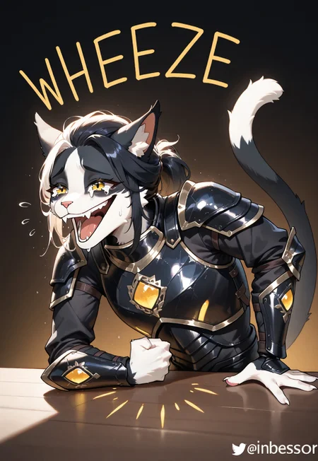 masterpiece, best quality, anthro, solo, slim body, BREAK
Ember (ESO), furry female, Feline, black and white fur, yellow eyes, cat tail, black armor, wheeze, upper body, laughing, tears, clenched hand, crying, english text, hand on table, open mouth