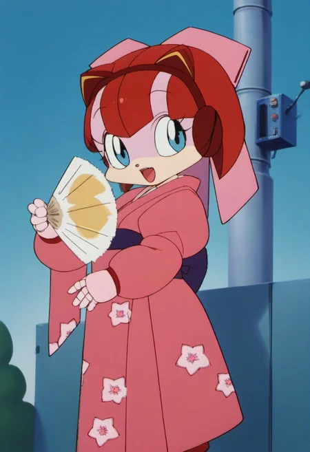 kimono, cat ears, hand fan, sky, open mouth, singing, solo,
1girl, solo, (Pururun, cat girl, blue eyes, two-tone fur, ((android)), red hair, petite), score_9, score_8_up, score_7_up, score_6_up, score_5_up, score_4_up, chibi, short legs, red cat tall, looking at viewer, 3/4 side view, slightly smile, mecha pink kimono, medium breasts,