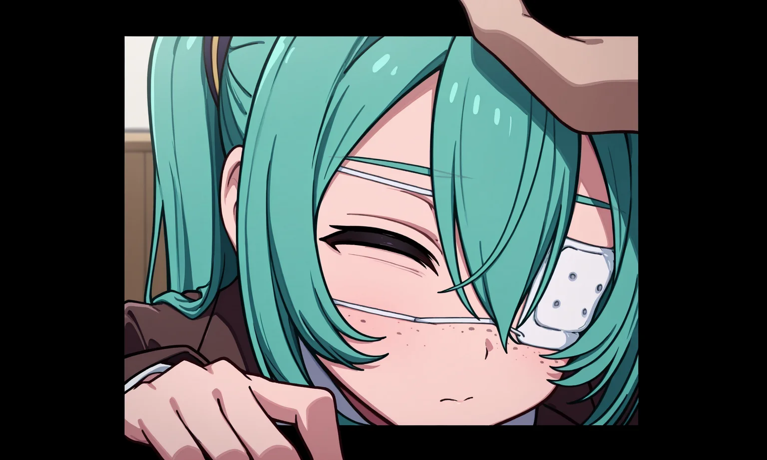 1girl, hatsune miku, hmmonitoring, peephole, very long hair, twintails, bangs, hair between eyes, medical eyepatch, freckles, school uniform, collared shirt, necktie, jacket, open jacket, long sleeves, pleated skirt,
closed eye, portrait, letterboxed, close-up, hands,
rating safe, alice99narumi,
masterpiece, best quality, amazing quality, highres, newest, <lora:alice99narumi:1.0> <lora:mikumonitoring_dyn095_rank16:1.0>