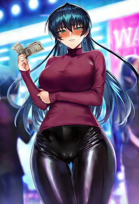 safe_pos, masterpiece, good quality, best quality, very as2, absurdres, highres, shadow, sidelighting, bloom, official art, official wallpaper, game cg,
1girl, Igawa Asagi, long hair, hair between eyes, black hair, blue hair, green eyes, wearing black leather pants, shiny pants, cameltoe, purple turtleneck jersey, long sleeves, earrings, latex thigh high boots,
large breasts, thighs, curvy, standing in nightclub, neon lights, holding a handfull of money, blushing, blurry background,
<lora:Igawa Asagi3216NoobAIVpred10MinSnr:1>