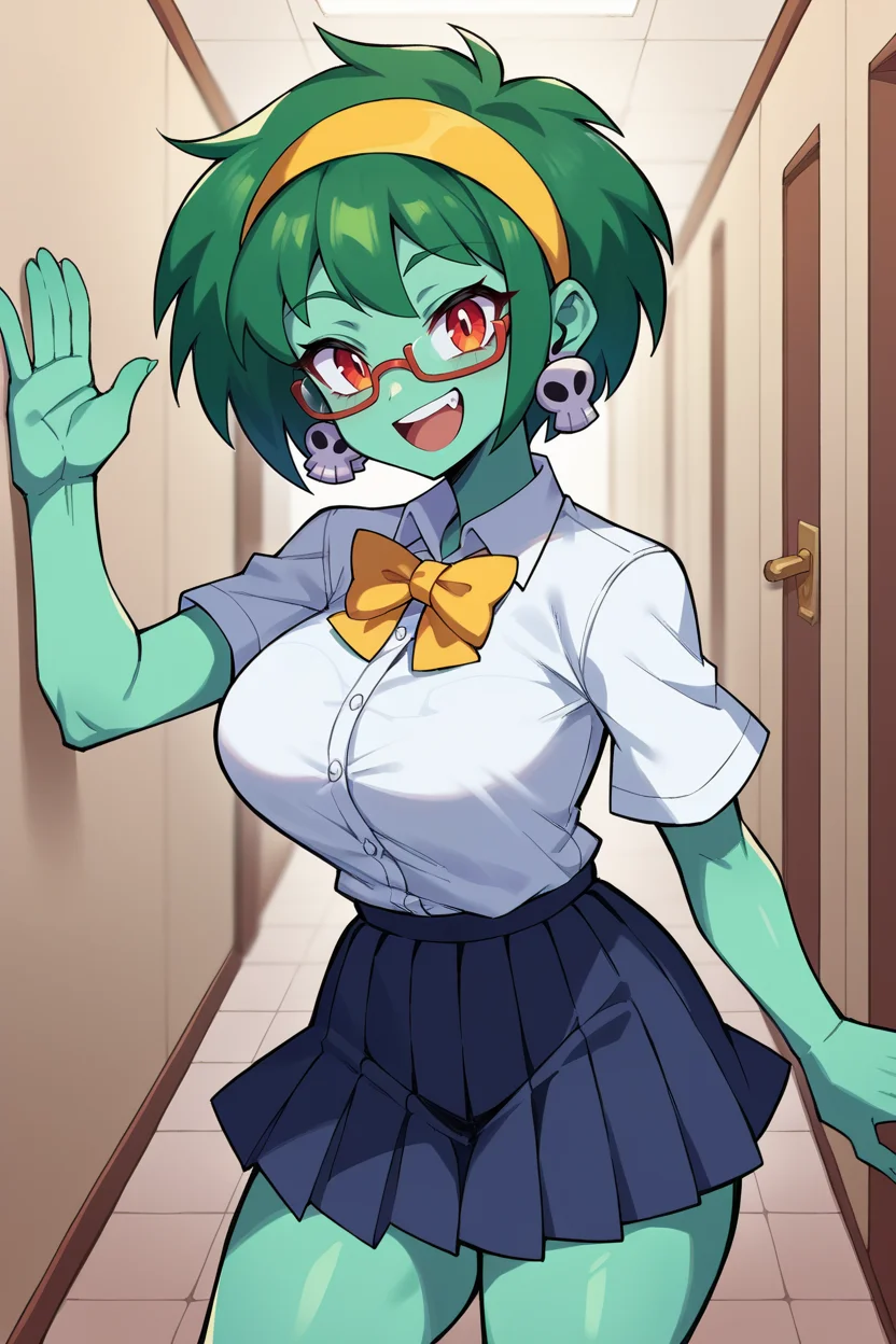 score_9, score_8_up, score_7_up, score_6_up, source_anime BREAK 1girl <lora:rottytops-pdxl-nvwls-v1-000005:1> rottytops, green hair, colored skin, skull earrings, yellow hairband, (big breasts:0.6), collared shirt, bowtie, pleated skirt, hallway, glasses, happy, looking at you