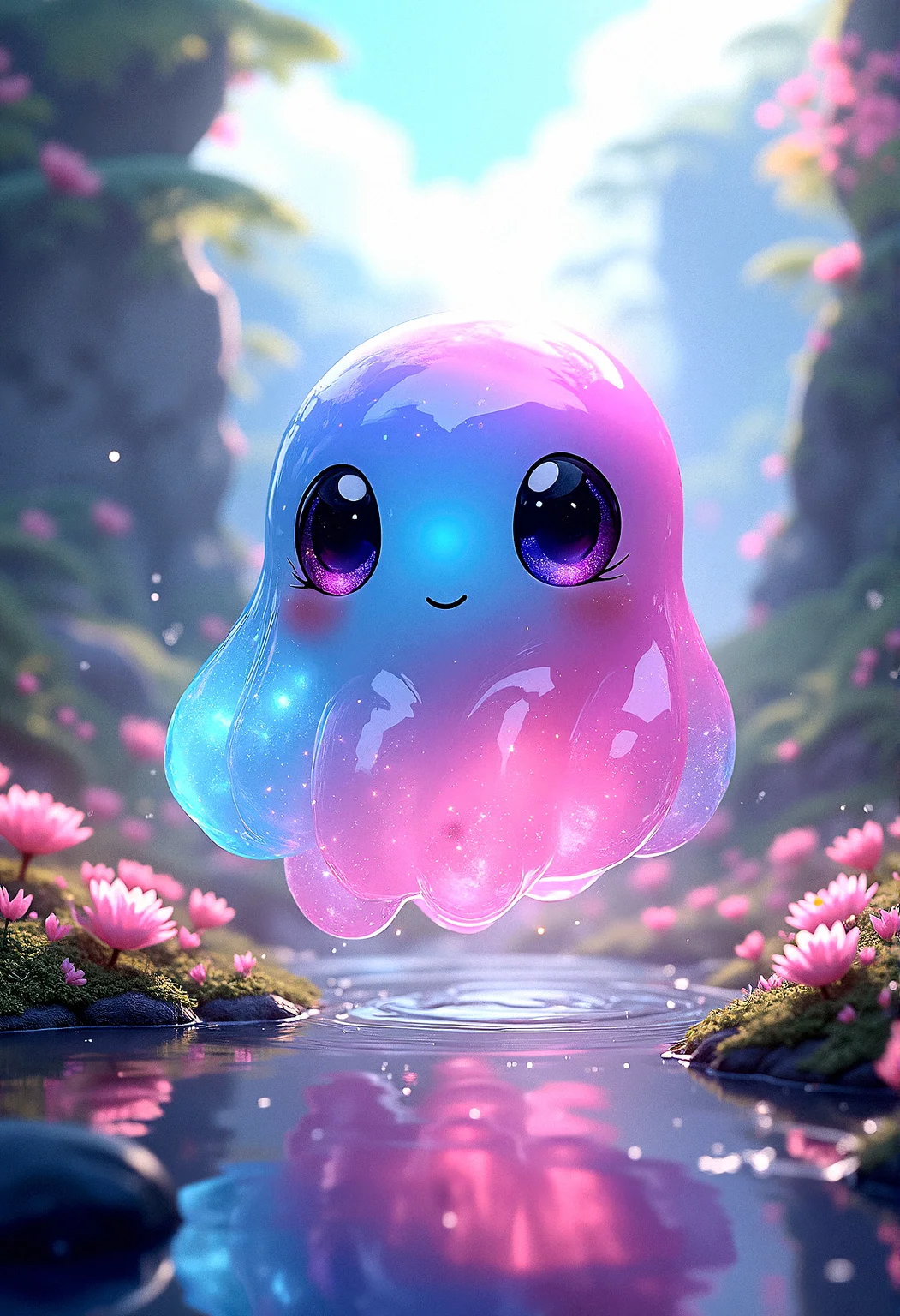 A stunning digital artwork featuring a gradient-colored, see-through slime creature floating in mid-air. The slime has large, expressive anime-like eyes that sparkle with curiosity and wonder, but no mouth, giving it a mysterious yet endearing appearance. Its body is a mesmerizing blend of vibrant colors, seamlessly transitioning from one hue to another, creating a beautiful, fluid gradient effect. The slime’s glossy surface reflects the surrounding environment in high-definition, with intricate details that highlight the transparency and depth of its form. The background is an enchanting isekai world, filled with lush nature and mystical elements, all captured with a perfect depth of field that blurs the distant scenery while keeping the slime sharply in focus. A soft, sparkling aura surrounds the creature, adding to its magical presence. The composition is dynamic, with the slime gently hovering above a vibrant landscape, illuminated by perfect lighting that enhances its vivid reflections. The entire scene is rendered in 8k resolution, ensuring every detail is crisp and clear, from the intricate textures of the slime’s surface to the delicate highlights that dance across its glossy body.



