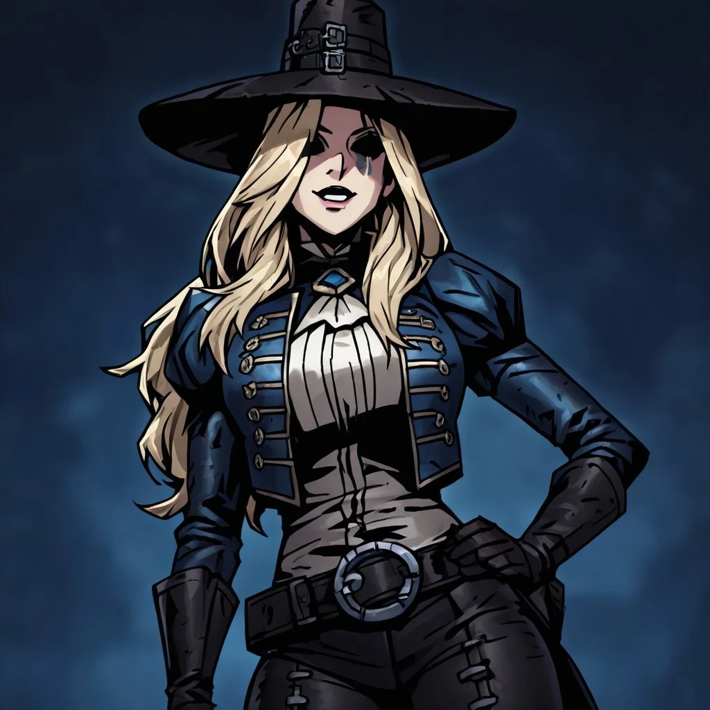 masterpiece, best quality, newest, absurdres, highres, DDstyle, official style, black eyes, shaded eyes, 1girl, GRDD-V1.1, hat, blonde, blonde hair, long hair, leather jacket, jacket,