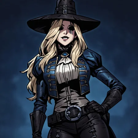 masterpiece, best quality, newest, absurdres, highres, DDstyle, official style, black eyes, shaded eyes, 1girl, GRDD-V1.1, hat, blonde, blonde hair, long hair, leather jacket, jacket,