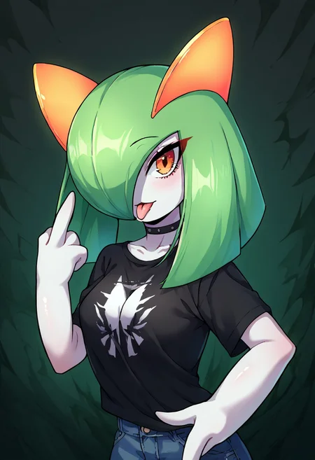 (((Kirlia))), female, anthor, score_9, score_8_up, score_7_up, source_anime, ,
1girl, Kirlia , long hair, emerald green hair, brown eyes, black shirt, t-shirt, black choker, goth, eyeliner, eyeshadow double middle finger, tongue out,, pale white skin
