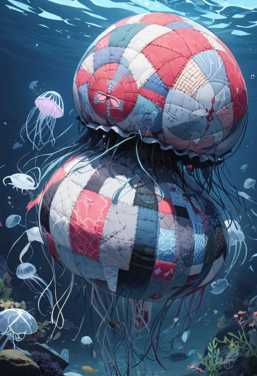 masterpiece, very aesthetic, absurdres, newest, ptchkrawk, jellyfish made of patchwork, underwater