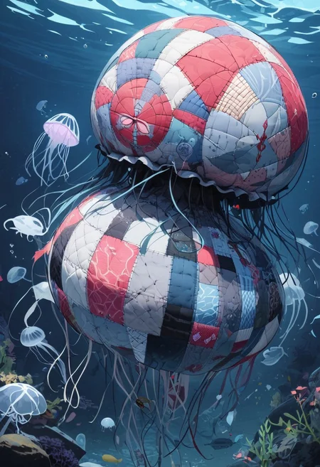 masterpiece, very aesthetic, absurdres, newest, ptchkrawk, jellyfish made of patchwork, underwater