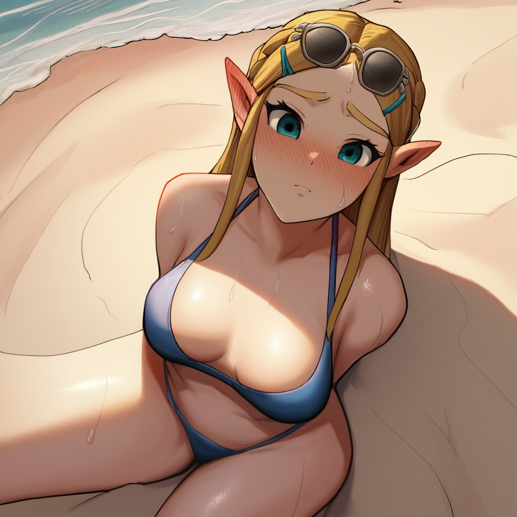 source_anime, colorful, score_9, score_8_up, score_8, 1girl, Princess Zelda, N44V5STYL3V1, BREAK, 1woman, long hair, milf, (detailed face), (detailed skin), detailed eyes, curvy, perky breasts, swimsuit, sunglasses, flushed skin, blushing, shiny skin, sweat, beach, sand, waves, water, sunlight