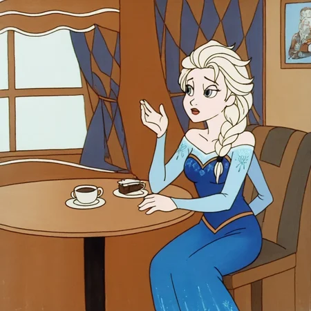 elsa \(frozen\), sitting, cafe, solo:1.5, female, markarstyle:1.5, markarhorse:0.1, markarangela:0.2