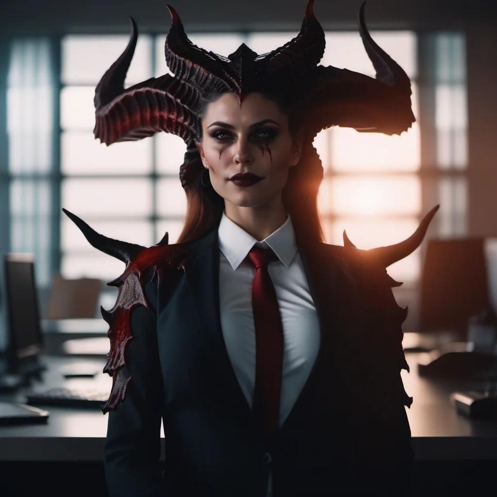 cinematic photo full body portrait of an1girl, smile, breast, demon horns, demon wings, blood, suit, office <lora:Diablo4-1024:0.7> . 35mm photograph, film, bokeh, professional, 4k, highly detailed