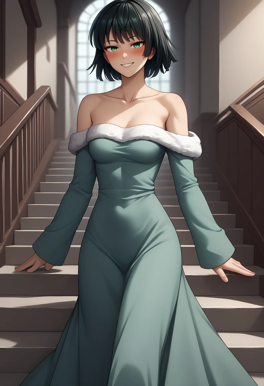 score_9, score_8_up, score_7_up, source_anime, BREAK <lora:EPopmFubukiPony-04:1> , 1girl, EPopmFubuki, black hair, short hair, green eyes,
 bare shoulders, collarbone, off-shoulder dress, long sleeves, long dress, purple, fur trim, dress, cowboy shot, smile, seductive smile, blush, stairs,