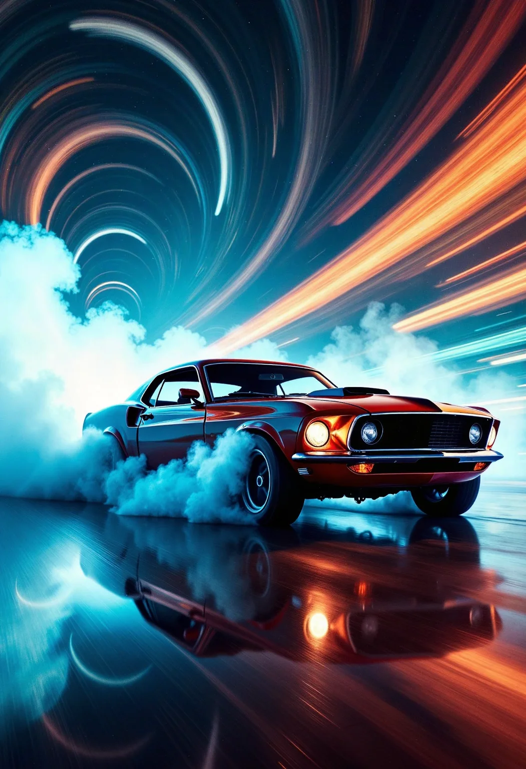 Create an image of a classic 1969 Ford Mustang Boss 429, renowned for its powerful and iconic design, as it drifts dramatically through a scene of spirals of light patterns. The car should be depicted in a dynamic sideways position, showcasing its impressive speed and agility. The wheels are spinning intensely, producing thick, swirling clouds of smoke that emphasize the car's raw power and motion. The ambiance is enhanced by glowing light trails that dance around the vehicle, creating a vivid and electrifying atmosphere. The Mustang's windows are tinted, adding an element of mystery and sleekness to its appearance. The overall image should capture the essence of speed and energy, with a focus on the car's classic lines and the vibrant, illuminated setting.
<lora:Dever_Flux_Enhancer:0.5> <lora:Flux_spirals_of_light:1.0>