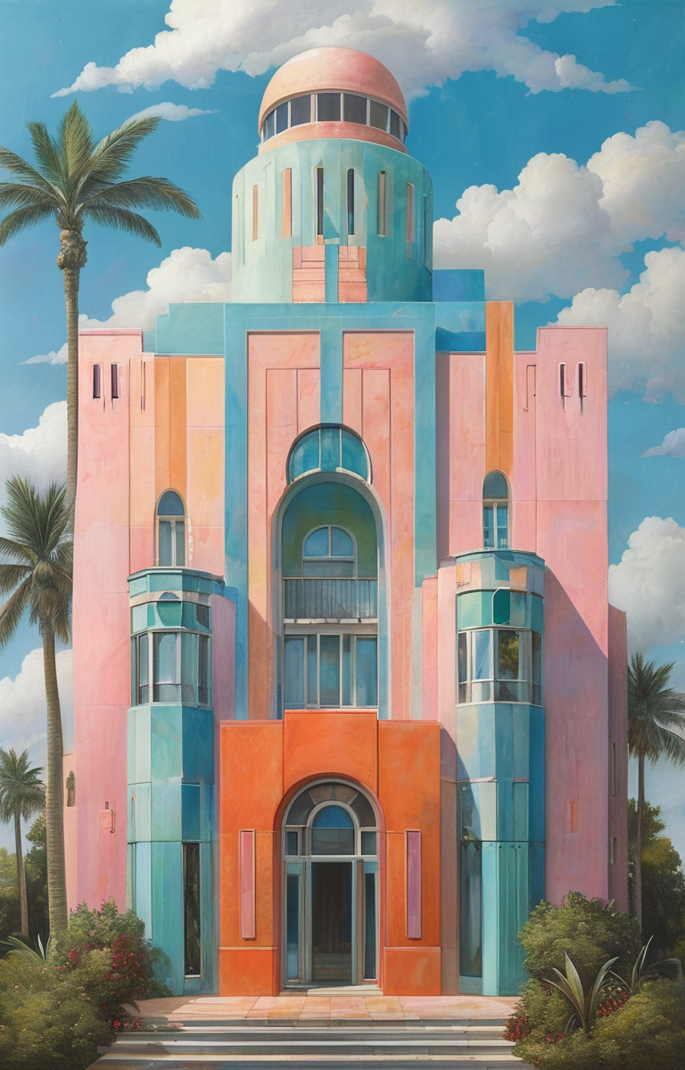 masterpiece,best quality,<lora:tbh306-sdxl:0.9>,illustration,design by Michael Graves, Art Deco hotel facade in Miami Beach, featuring pastel colors and streamlined forms