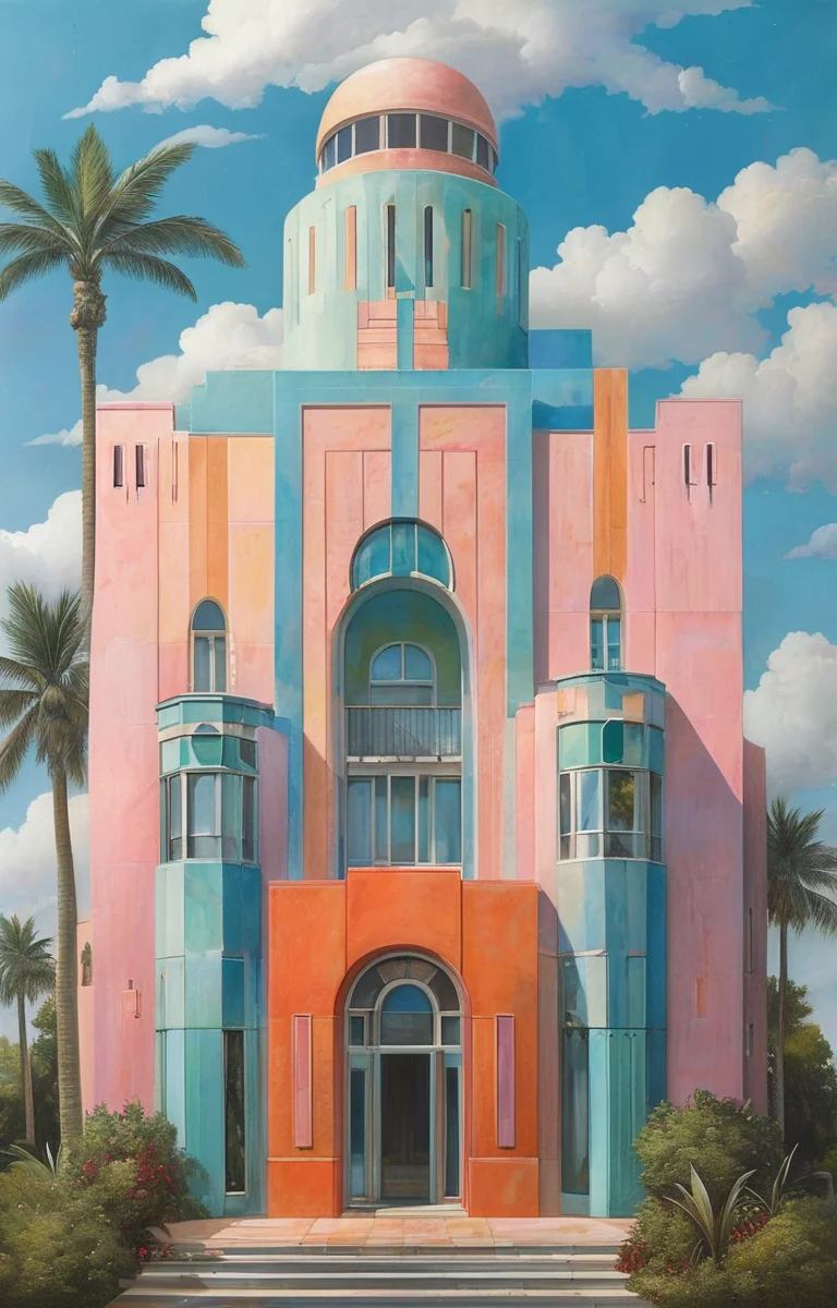 masterpiece,best quality,<lora:tbh306-sdxl:0.9>,illustration,design by Michael Graves, Art Deco hotel facade in Miami Beach, featuring pastel colors and streamlined forms