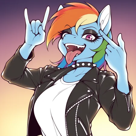 masterpiece, best quality, amazing quality, bymarikstyle,furry,furry female,1girl,solo,rainbow dash, leather jacket, black eyeshadow, horn gesture, grin,spiked collar,open mouth, tongue out,,upper body,looking at viewer,white shirt,one hand up<lora:Marik_Azemus_Style_v2:1.2>