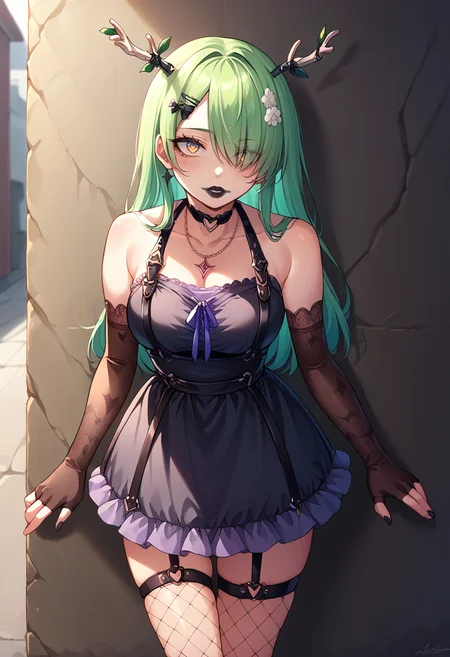 score_9, score_8_up, source_anime, smeared lipstick, black lipstick, 1girl, solo, FaunaGoth, mole under eye, antlers, long hair, hair over one eye, hairclip, heart choker, necklace, black dress, cleavage, chest strap, elbow gloves, fingerless gloves, o-ring thigh strap, heart o-ring, fishnet thighhighs, outdoors, alley, leaning against wall, <lora:ChamSmearedLipstickPonyXL:1> <lora:ChamCeresFaunaPonyXL:1>