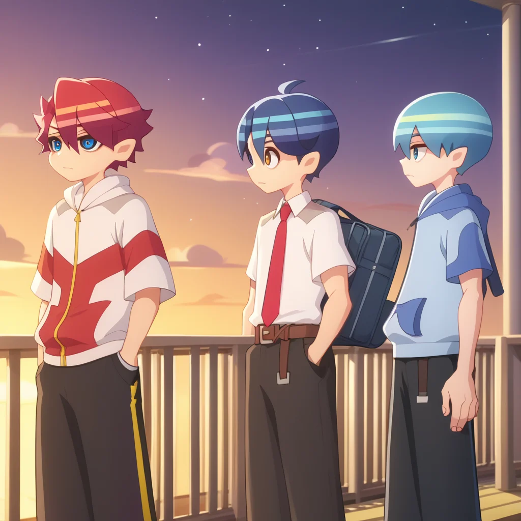score_9,score_8_up,score_7_up,score_6_up,score_5_up,score_4_up,toshi hatano,sakko otori,rimiya tsukishiro,3boys,multiple boys,bag,necktie,male focus,sky,hood,hoodie,school bag,hand in pocket,pants,hands in pockets,star \(sky\),outdoors,starry sky,twilight,railing,sunset,shirt,belt,white collared shirt,white-red jacket,black shorts,black pants,brown pants,anime screenshot,<lora:Myth_of_Emotions_V1-1:1>,