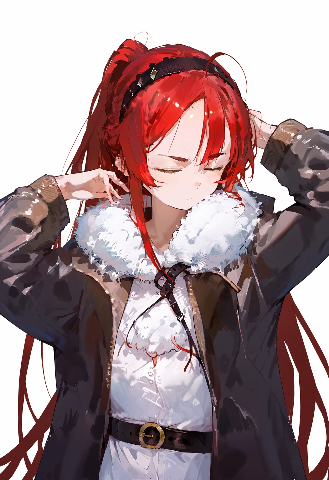 score_9, score_8_up, score_7_up, 1girl, long hair, black hairband, closed eyes, red hair, hairband, fur trim, white background, black jacket, ahoge, arms up, simple background, white shirt, bangs, long sleeves, open clothes, closed mouth, open jacket, tying hair, belt, very long hair, upper body, thick eyebrows, ponytail
<lora:style_dino:1>