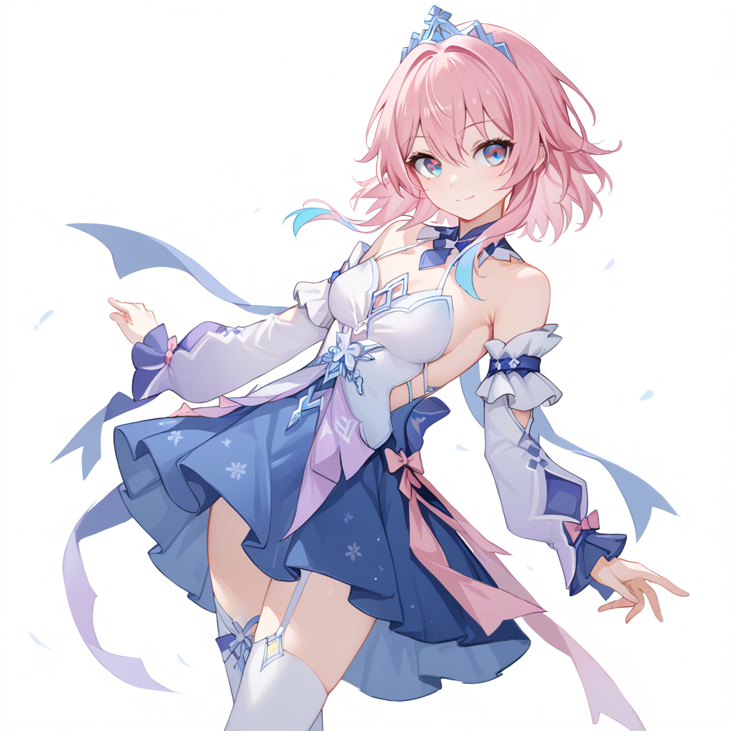 score_9, score_8_up, score_7_up, simple background, light smile,
1girl, march7thdress, pink hair, bare shoulders, detached sleeves, thighhighs,
<lora:march7th_dress_pony_v2:0.8>