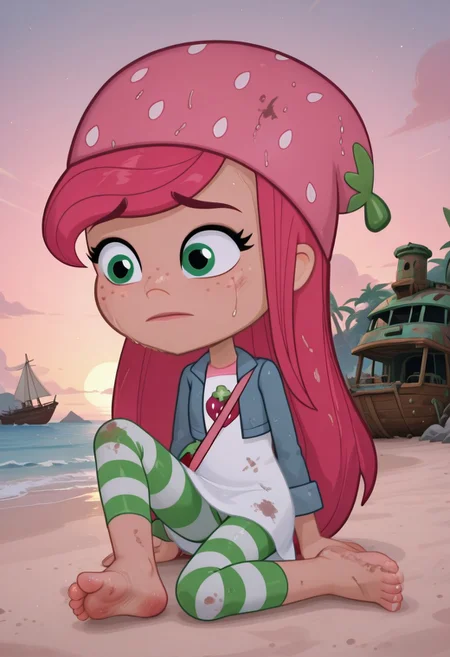 1girl, solo,Strawberry_Shortcake, green eyes, peach skin, freckles, long hair, pink hair, strawberry-shaped beanie, white dress, pink straps, denim jacket, striped leggings, strawberry-shaped satchel, in the style of cksc, barefoot, feet, (by nekoda (maoda):0.7), detailed feet, Dirty clothing, dirty body, sad face, beach, tropical island, tropical background, shipwreck