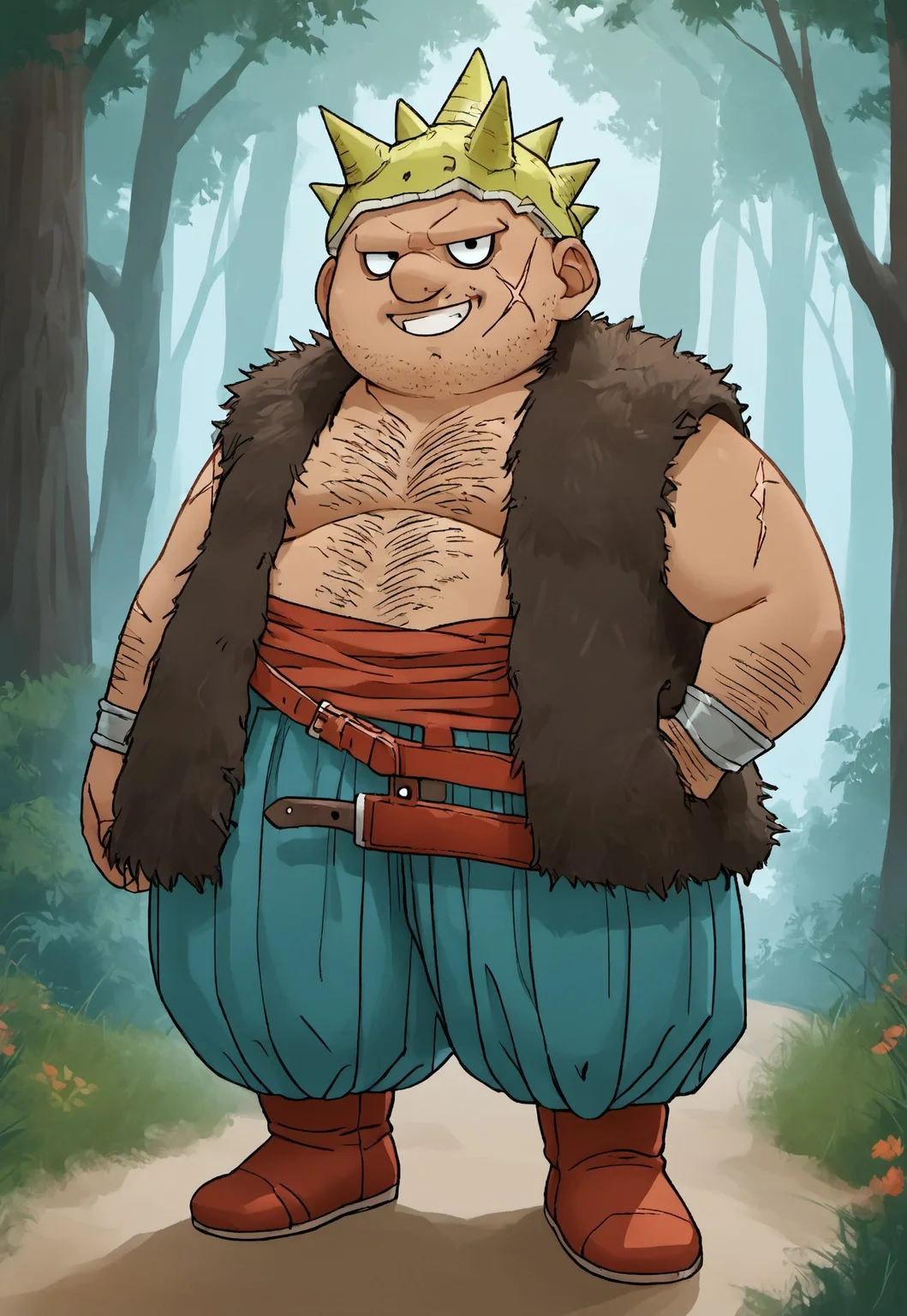 safe_pos, score_9, score_8_up, score_7_up, source_anime, rating_nsfw, ultra hd, absurdres, solo, masterpiece, best quality, best aesthetic, Expressiveh, wolfconf, 1boy
DQYangus, spiked helmet, chest hair, fat, scar on face, fur trim, battleaxe, forest, smiling, looking at viewer, full body, red belt, baggy pants