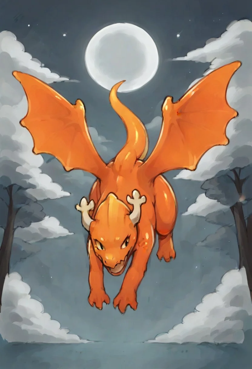 BREAK score_9, score_8_up, score_7_up, source_anime, 1girl, solo, pennydragon, orange skin, shiny skin, two wings, two horns, big wings, (feral, dragon), on all fours, moon, night, flying in the sky,
