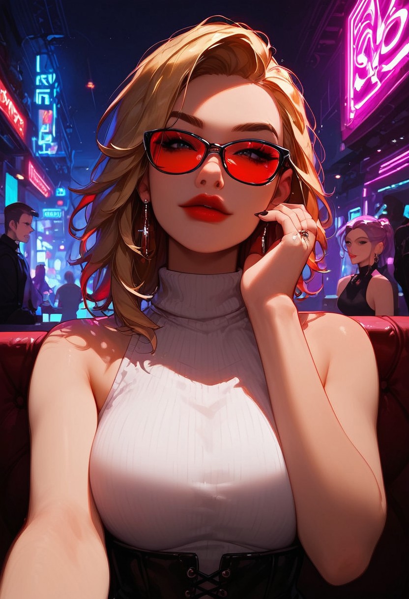 score_9,score_8_up,score_7_up,score_6_up,score_5_up, best_quality, ultra-detailed, masterpiece, close up, 
1girl, jewelry, glasses, earrings, corset, looking at viewer, red nails, ring, bare shoulders, red lips, tinted eyewear, ribbed sweater, sleeveless sweater, turtleneck, black nails, black skirt,
Break
In a night club, sitting at the bar, looking from across the counter, neon lights, dark interior, neon glow, shadows, dim lighting, low light, dark,