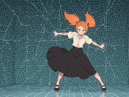 masterpiece,best quality,amazing quality,absurdres, (solo:1.4),
wind, fluttering hair, fluttering clothes, flat colors, high contrast,
1girl, cheeky expression, high twintails, pastel Orange hair, fair skin, shiny skin, full body tattoo,
fractured glass walls, pulsating light, broken reflections, abstract, surreal,
dynamic pose,
formal clothes, simple clothes, long skirt,
<lora:feet_anime_il_v3:1> <lora:Perfect Hands:1> <lora:Crestyle_Illu:0.4> Crestyle <lora:anime_screencap-IllustriousV2:0.6> <lora:Kizustyle_rank16_bf16:0.3> Kizustyle <lora:ThePinkPirate:0.3> The pink pirate, <lora:flat_color_anime_xl:0.8> fca style <lora:Chon_style:0.3> <lora:re4lity:0.3> re4lity_sync_illu