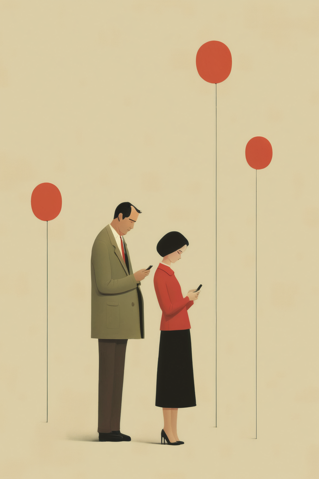 <lora:Alessandro Gottardo style:1>Alessandro Gottardo style - a man and a woman flirting through messages on the cell phone illustration Alessandro Gottardo