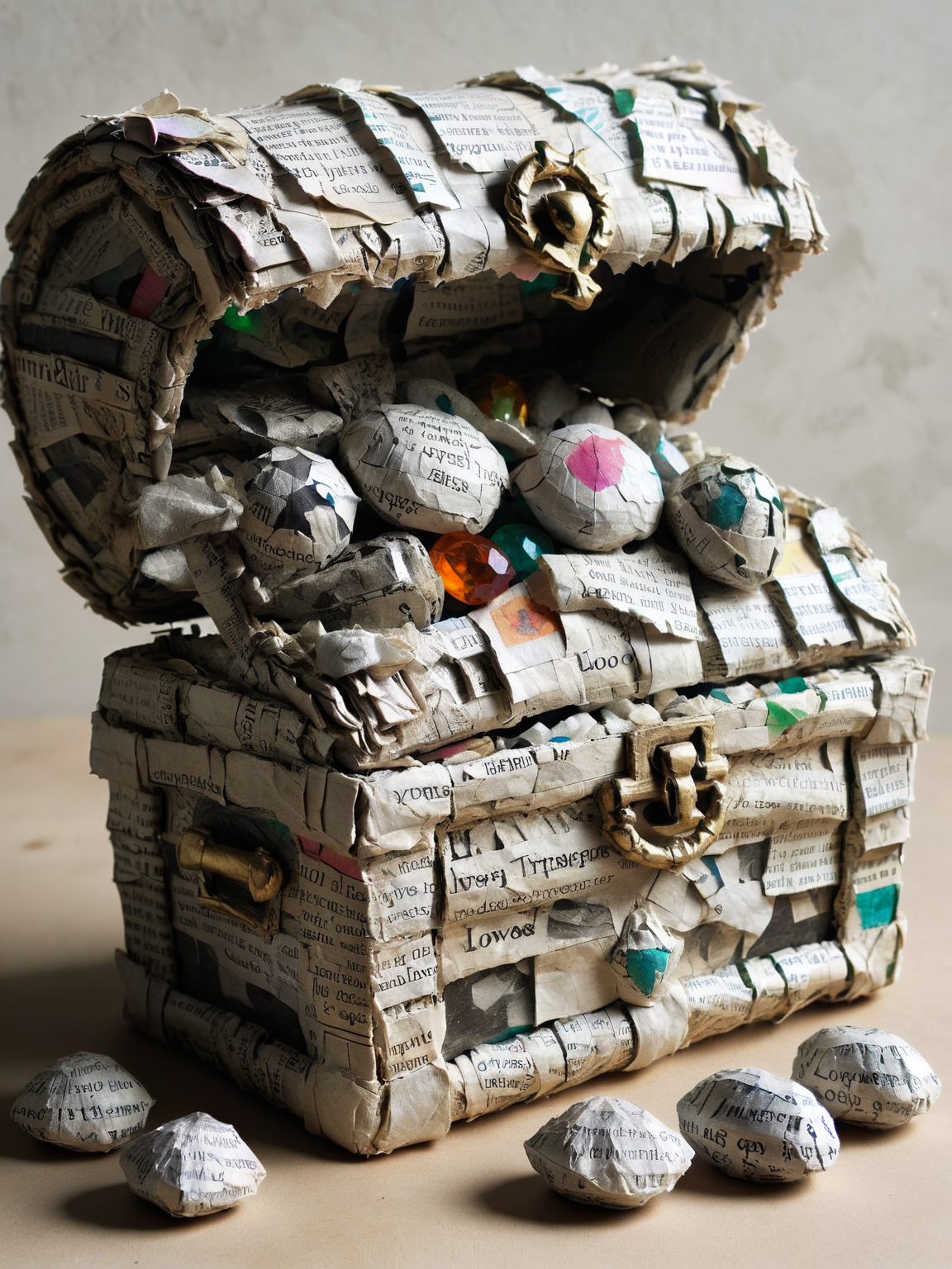 ais-papiermache treasure chest, overflowing with papier-mache gems and trinkets from a paper pirate's loo <lora:Papier_Mache_Style_SDXL:1>
