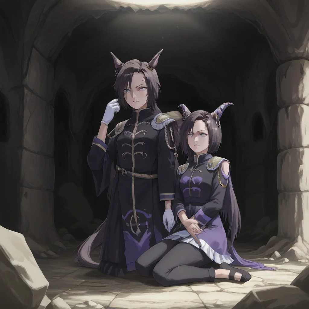 Naruto_Manda, (hybrid snake human), female, purple religious tunic, sleeves, hood, scaly skin, (scales:2), green eyes, reptile eyes, inside cave, human bones on floor, jewelry, holding human skull, airshakurprime, low wings, horse tail, sharp teeth, horse ears, ear ornament, single ear cover, horns, heterochromia, purple eyes, yellow eyes, black jacket, epaulettes, aiguillette, long sleeves, white gloves, black pants, eyebrow piercing, ear piercing
