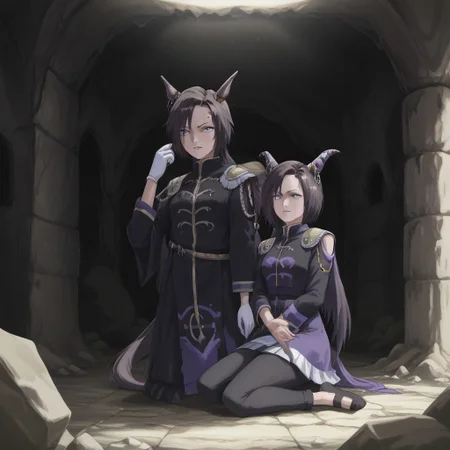 Naruto_Manda, (hybrid snake human), female, purple religious tunic, sleeves, hood, scaly skin, (scales:2), green eyes, reptile eyes, inside cave, human bones on floor, jewelry, holding human skull, airshakurprime, low wings, horse tail, sharp teeth, horse ears, ear ornament, single ear cover, horns, heterochromia, purple eyes, yellow eyes, black jacket, epaulettes, aiguillette, long sleeves, white gloves, black pants, eyebrow piercing, ear piercing