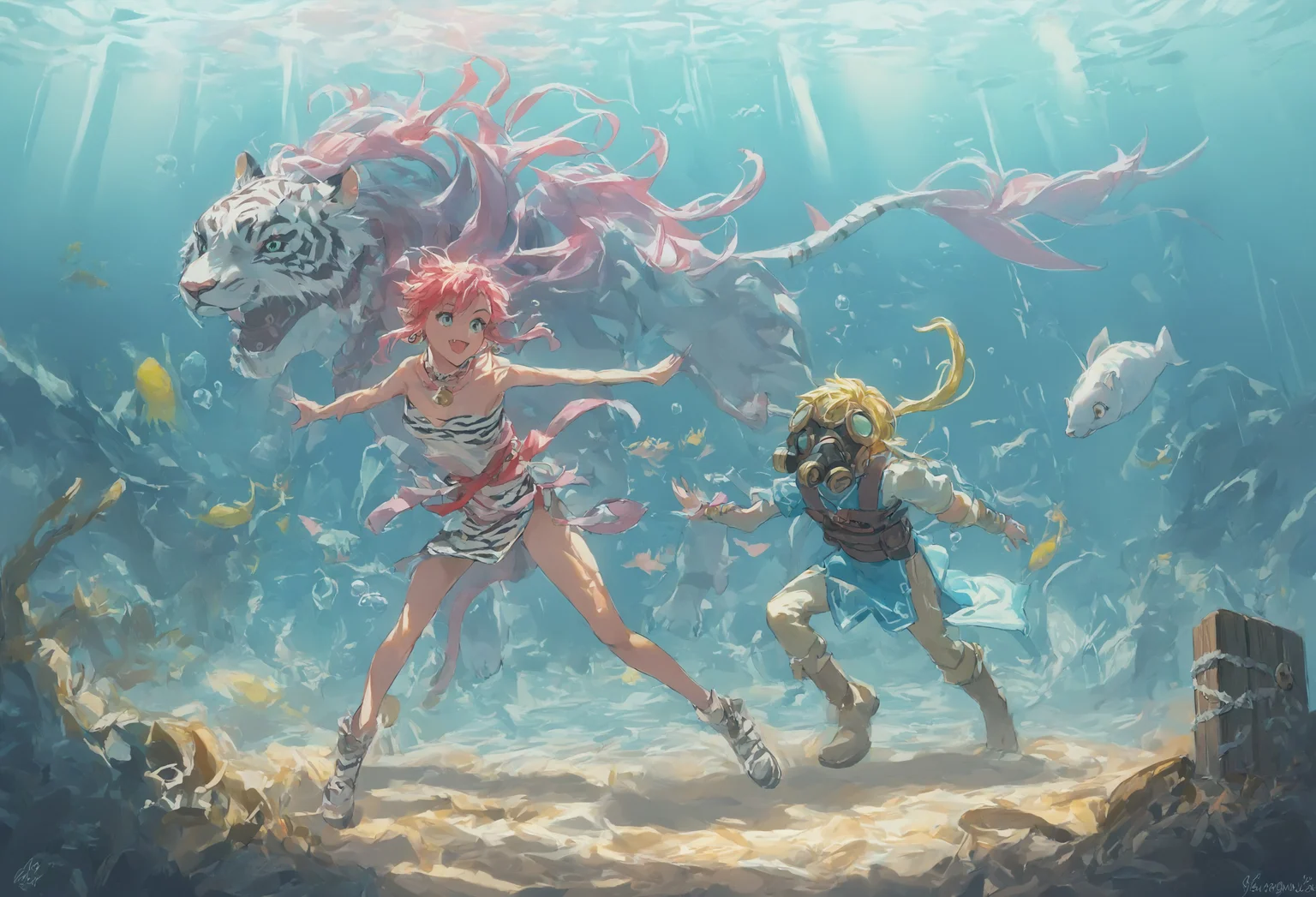 score_9, score_8_up, score_7_up, score_6_up, Masterpiece, source_anime, duo, 1 girl, 1 boy, vivid colors, shiny and glossy, high-res, beautiful aesthetic, very intricate, high-quality details, vibrant, highly detailed, award-winning, professional, <lora:pink-ponyxl-v2:1>, open mouth smile, single fang showing, sleeveless dress, white tiger print dress, pelvic curtain, cleavage, white cat ears, cat ears, white cat ears on head, cat ears, cat bell necklace, long bright pink hair, long hair, hair is long, long pink hair, tanned, white tiger tail, curved tail, red sash, small breasts, leather shoes, detailed eyes, green eyes, detailed face, scuba mask, BREAK score_9, score_8_up, score_7_up, score_6_up, Masterpiece, source_anime, 1 girl, 1 boy, vivid colors, shiny and glossy, anime style, high-res, beautiful aesthetic, very intricate, high-quality details, vibrant, highly detailed, award-winning, professional, <lora:link:1> link1, link, soft smile, pointy ears, blonde hair, blue eyes, medium hair, side locks, earrings, short ponytail, blue hylian tunic, scuba mask
Break
Underwat3r, underwater submerged, ocean, bubbles, sunlight, god rays, in front of colorful reef, very colorful, fish everywhere, link and pink diving, swimming, pink and link finding treasure chest, treasure chest on ocean floor, pulling treasure chest up by hand