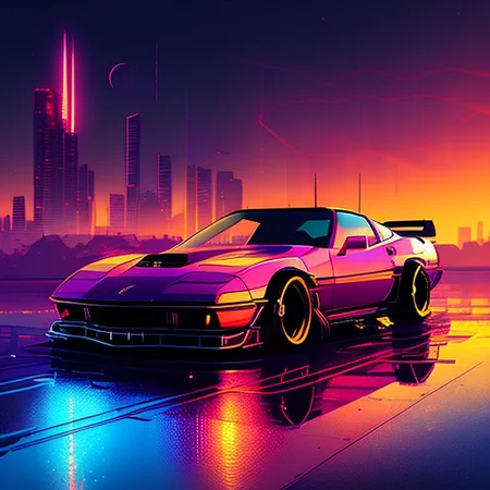 (nvinkpunk:1.2) (snthwve style:0.8) corvette, lightwave, sunset, intricate, highly detailed