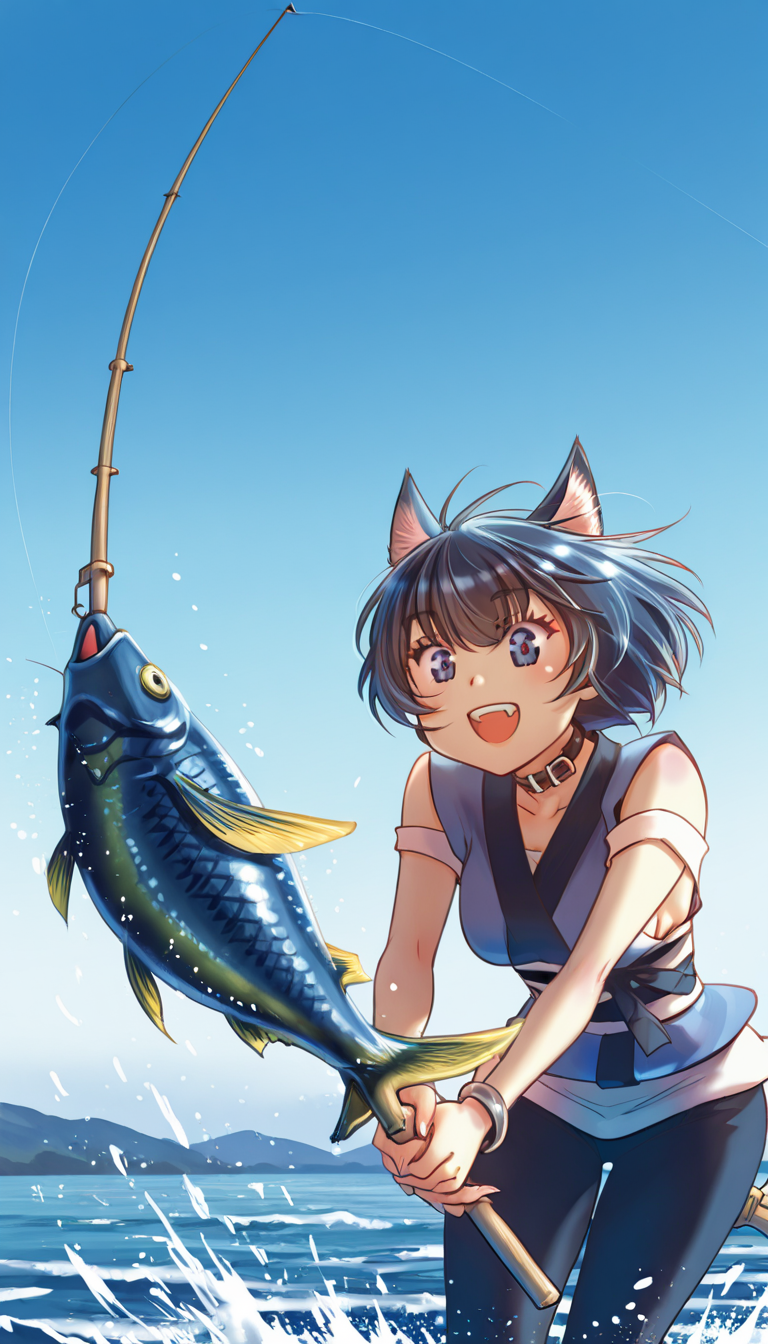 lazypos, masterpiece, best quality,((ultra detailed eyes:1.4)),((ultra detailed heir:1.4)),
BREAK
1girl,M1r1a_novel,
Collar, Bracelet, Inner off-shoulder strapless shirt, black pants, Shoulderless Kimono, Kimono obi,
BREAK
fishing rod, smile, laughing, fishing, 
<lora:Miria_-_100percent_-_novel:1>
blue sky, Catch big fish with hands, huge fish