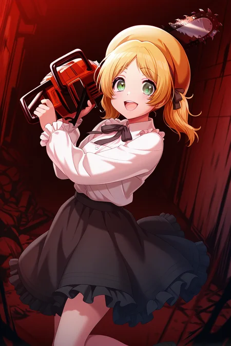 masterpiece, best quality, amazing quality,
<lora:Miiko_IL:1> miiko, 1girl, chainsaw, skirt, green eyes, solo, hat, twintails, blonde hair, smile, shirt, frills, white shirt, black skirt, holding, open mouth, long sleeves, looking at viewer, casual
