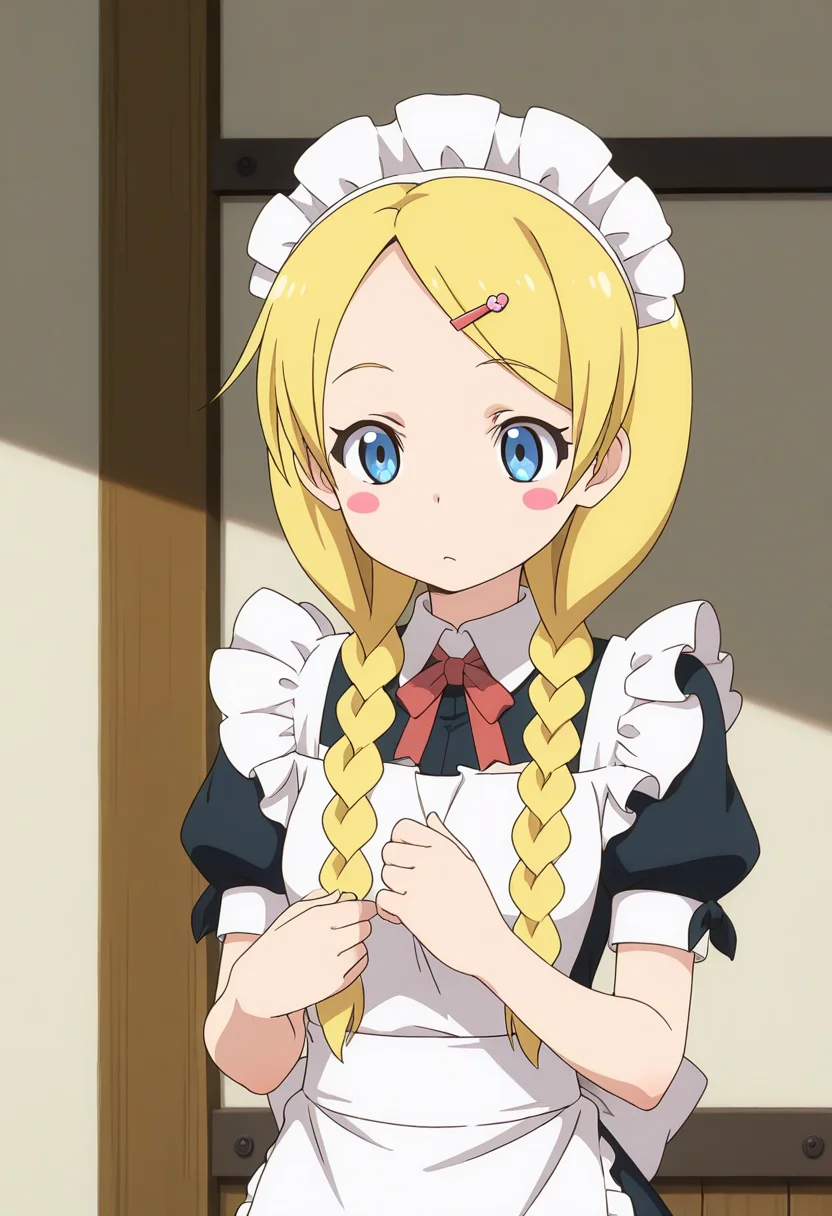 best quality, 1girl, msra, long hair, twin braids, hair over shoulder, hairclip, solo, maid, blush stickers, <lora:msra_s_il:1>
