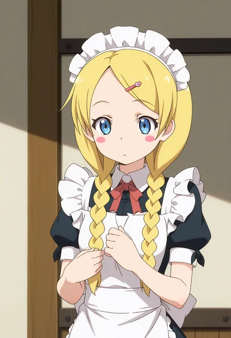 best quality, 1girl, msra, long hair, twin braids, hair over shoulder, hairclip, solo, maid, blush stickers, <lora:msra_s_il:1>