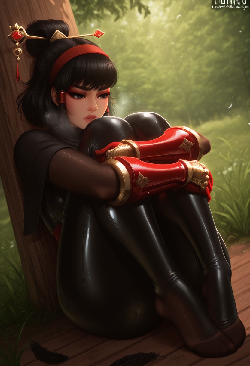 luminyu,  outdoors, undershirt, falling feathers, black bodysuit, hair stick, hugging knees, knees to chest, gauntlets, eyeshadow, red gloves, two sides up, black capelet, red hairband, black eyes, 1girl, solo, feet, visible breath, dynamic angle, foreshortening, smell, steam,