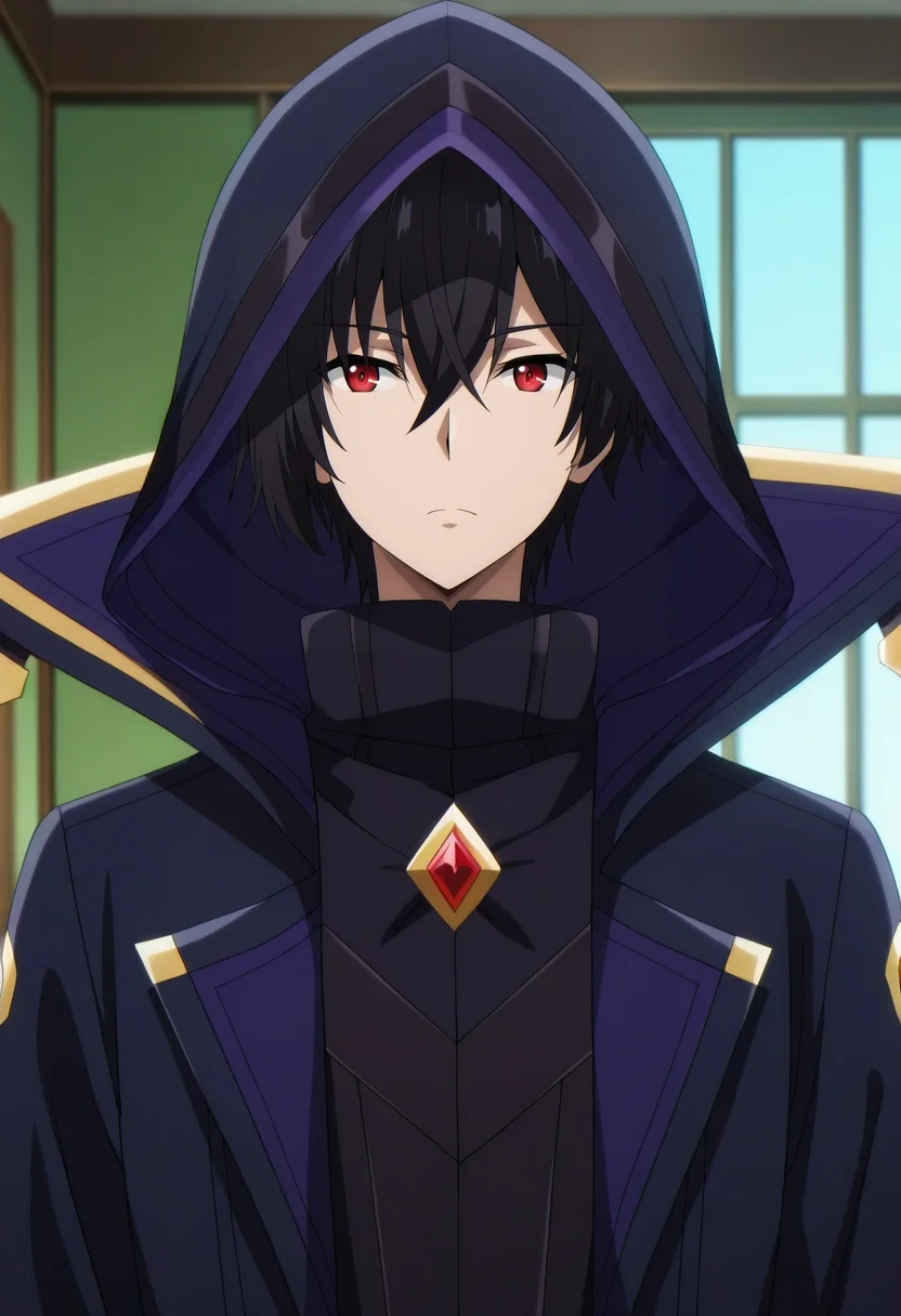 masterpiece, best quality, , anime screencap, , official style,, 1boy, solo, male focus, <lora:cid_kagenou_ilxl:0.98>, cid_kagenou, black hair, short hair, hair between eyes, bangs, red eyes, cloak, hood, hood up,