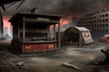 realistic, hyper-realistic, ultra detailed, 8k, photo,  
Wasteland city ruins, Collapsed modern city to ruins, red dust in every corner, very low vegetation, Collapsed city,  one dark skyscraper in distance, small round marketplace with few primitive tents at and in the ruins,  
Dark sky, cloudy sky, market stalls and market huts made from scrap and the ruins,