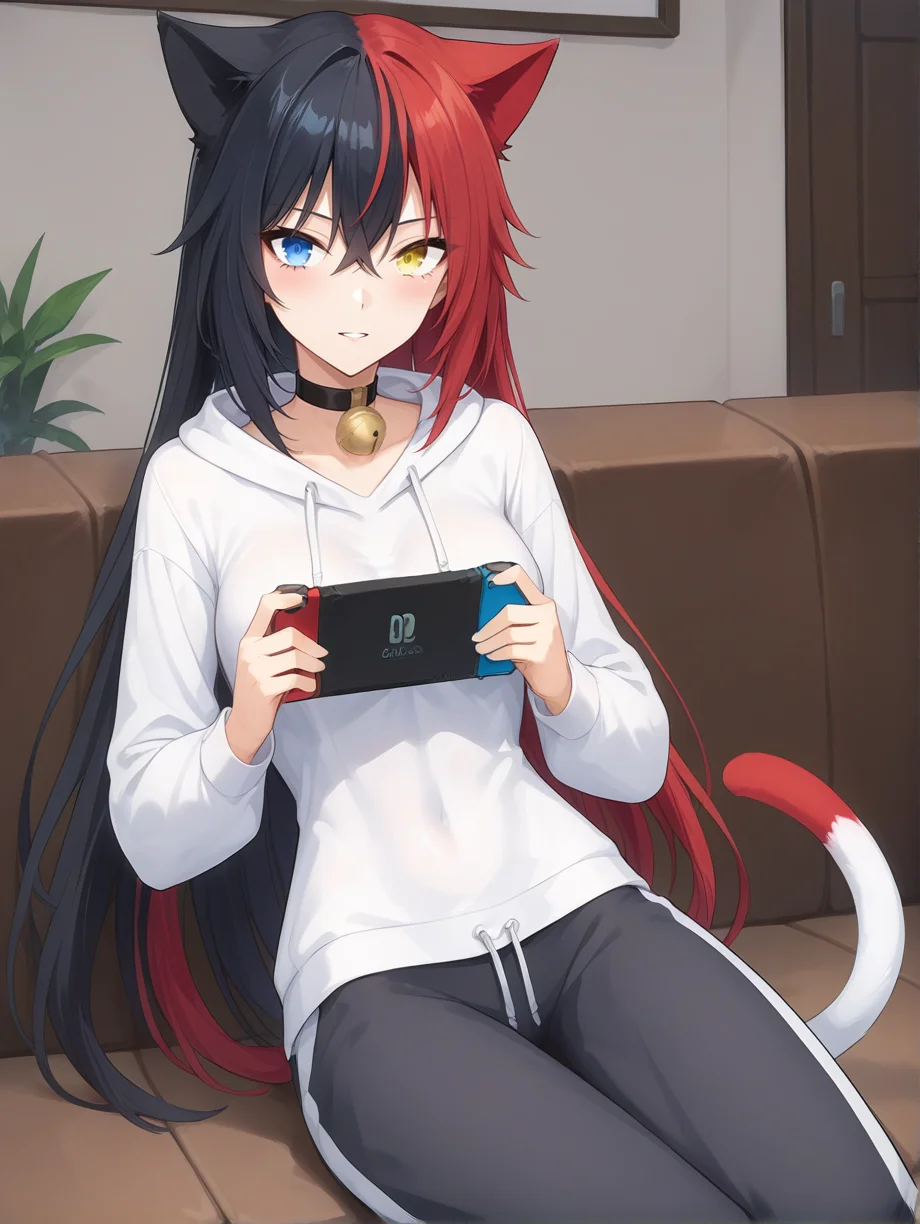 score_9, score_8_up, score_7_up, source_anime
ibaraki douji, multicolored hair, black hair, red hair, adult, heterochromia, blue eyes, yellow eyes, animal ears, two-tone tail, cat tail, choker, neck bell, 1girl, solo, medium breasts, sitting, living room, gaming, holding nintendo switch, sweatpants, pullover,
<lora:housechores-guy-PONYv1:0.2> <lora:Expressive_H:0.2> <lora:Ibaraki Douji onigiri v0.1:0.75>