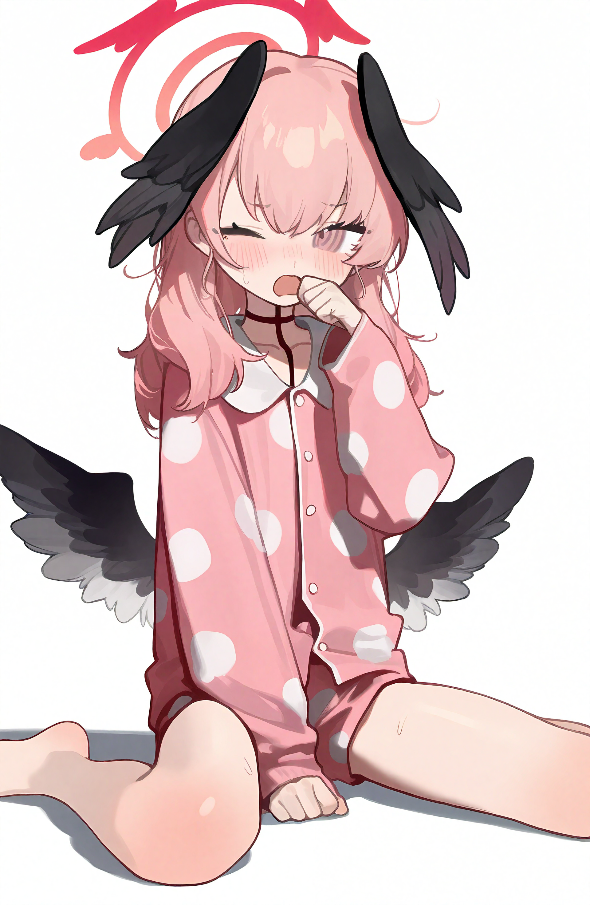 koharu_\(blue_archive\), 1girl, solo, long_hair, open_mouth, simple_background, long_sleeves, white_background, sitting, pink_hair, wings, one_eye_closed, barefoot, pink_eyes, halo, wariza, head_wings, feathered_wings, black_wings, pajamas, low_wings, pink_halo