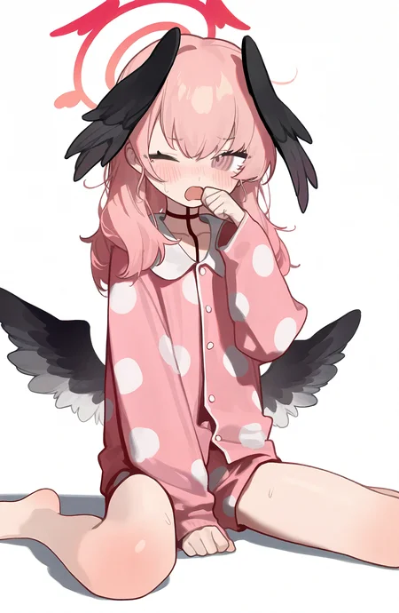 koharu_\(blue_archive\), 1girl, solo, long_hair, open_mouth, simple_background, long_sleeves, white_background, sitting, pink_hair, wings, one_eye_closed, barefoot, pink_eyes, halo, wariza, head_wings, feathered_wings, black_wings, pajamas, low_wings, pink_halo