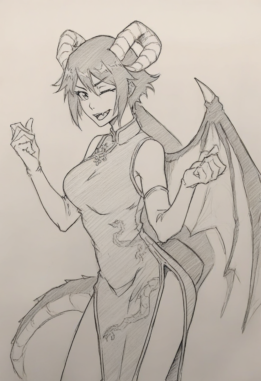 masterpiece, best quality,newest,
BREAK
1girl, china_dress, chinese_clothes, dragon_tail, dragon_wings, dress, elbow_gloves, fang, gloves, horns, one_eye closed, open_mouth, short_hair, tail, white_gloves, white_horns, bat_wings, monochrome, sketch, traditional media
<lora:suruga_IllustriousXL_v1.0:0.3> <lora:Rakusakugaku_Illust:.7>