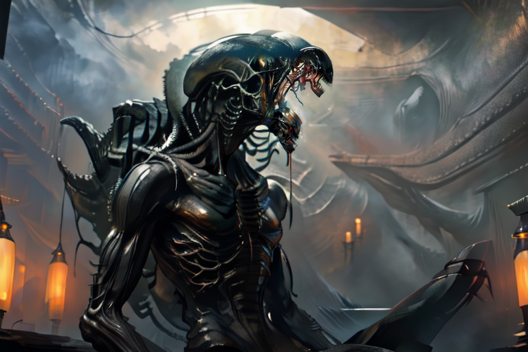 (otherworldly), highly insanely detailed, masterpiece, top quality, best quality, highres, 4k, 8k, RAW photo, (very aesthetic, beautiful and aesthetic),  
xenomorph,alien \(series\),1other,xenomorphdna,FemXeno,xenomilf,nested mouths,multiple mouths,extra mouth,fangs,teeth,sharp teeth,fang,claws,tail,spiked tail,spines,black skin,arm blade,pauldrons,drooling,long tongue,mouth drool,tongue out,saliva,saliva trail,giant monster,giant,monster girl,shoulder spikes,spikes,laser sight,machinery,tree,ventilation shaft,capsule,skull,stairs,hive,egg,ovomorph,green blood,no humans,injury,dark,see-through, 
<lora:FemXeno:1>, 
(1girl:1.3), eyes focus, 
Bathhouse,Steam-filled chamber with a sunken bathing pool lined with tiles,shelves stacked with aromatic oils and perfumes,woven baskets for towels,flickering oil lamps,and intricate tile mosaics depicting scenes of daily life,âââ