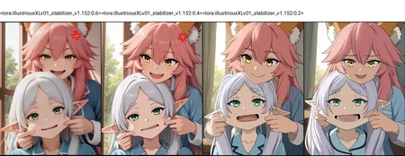 <lora:illustriousXLv01_stabilizer_v1.152:0.6>2girls,tamamo \(fate\),pink hair,smile,yellow eyes,frieren,white hair,green eyes,upper body,open mouth,blue pajamas,anger vein,cheek pull,indoors,sunlight,tree,dark,masterpiece,