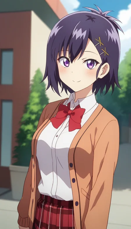 score_9,score_8_up,score_7_up,score_6_up BREAK official art,solo,outdoors,upper body,(portrait:1.5),looking at viewer,facing viewer,smile,blush,Vignette Tsukinose April,short hair,purple hair,topknot,x hair ornament,hairclip,hair between eyes,bangs,purple eyes,orange cardigan,red bowtie,collared shirt,white shirt,medium breasts,red skirt,plaid skirt,pleated skirt,black socks,uwabaki,<lora:Vignette Tsukinose April(gd)-Pony:1.4>,